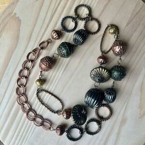 VTG Statement Necklace 33" Melon Beads‎ Boho Link Chain Metal Bronze Copper Tone